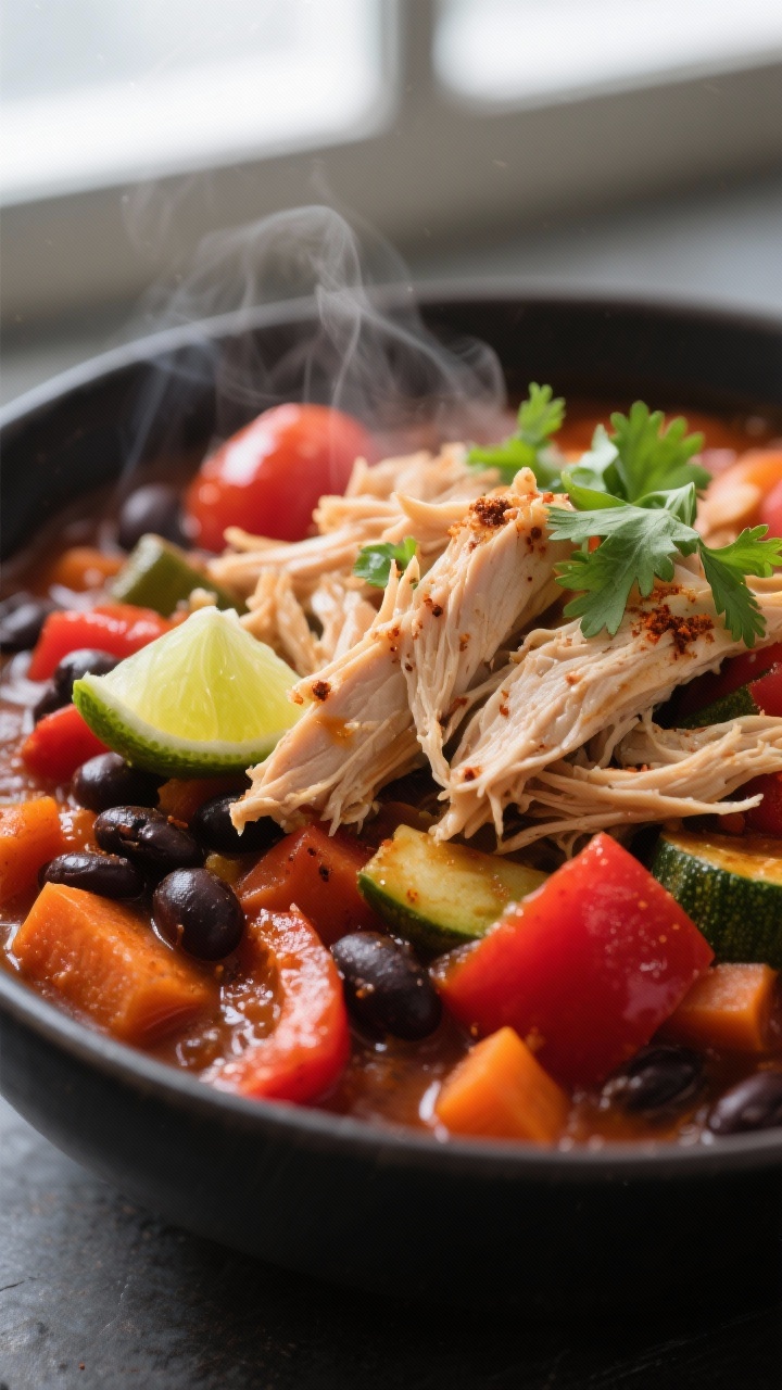 This Healthy Crockpot Recipe Is So Easy It Feels Like Cheating (But Your Taste Buds Won’t Complain) 2 Close-up detail: Shredded crockpot chicken mixed into a savory stew of fire-roasted tomatoes, black