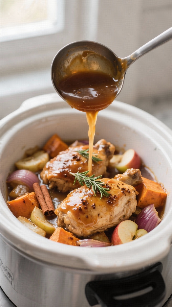 This Fall Crockpot Recipe Will Make Your Kitchen Smell Like a Candle Store (But You Can Actually Eat It) 4 Cooking process: Action shot inside the slow cooker right after thickening—sauce has just been enr