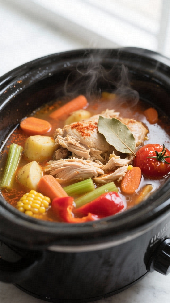 Soup Crockpot Recipes That Practically Cook Themselves: Set It, Forget It, Devour It 2 Cooking process, close-up detail: Slow cooker bubbling with hearty chicken and vegetable soup mid-co