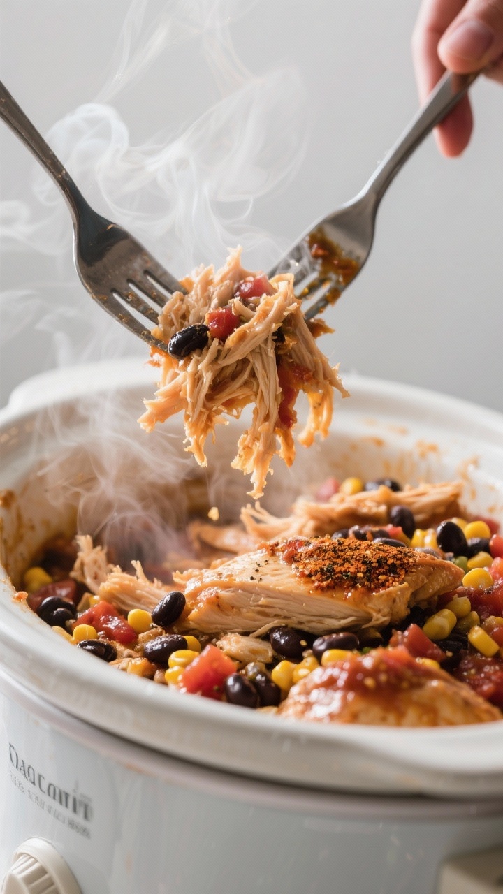 Easy Crockpot Recipes With Few Ingredients: 7-Minute Prep, All-Day Flex, Big-Time Flavor 2 Cooking process, close-up detail: Slow cooker opened with steam rising as tender shredded salsa chic