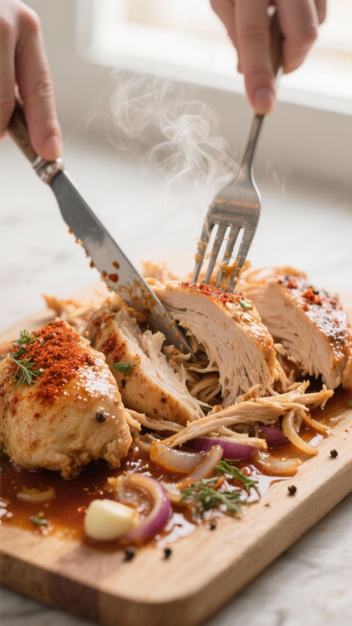 This Chicken Breast Crockpot Recipe Turns 10 Minutes of Effort Into All-Day Flavor (You’ll Want Seconds) 2 Cooking process, close-up detail: Tender crockpot chicken breasts being shredded with two forks on a