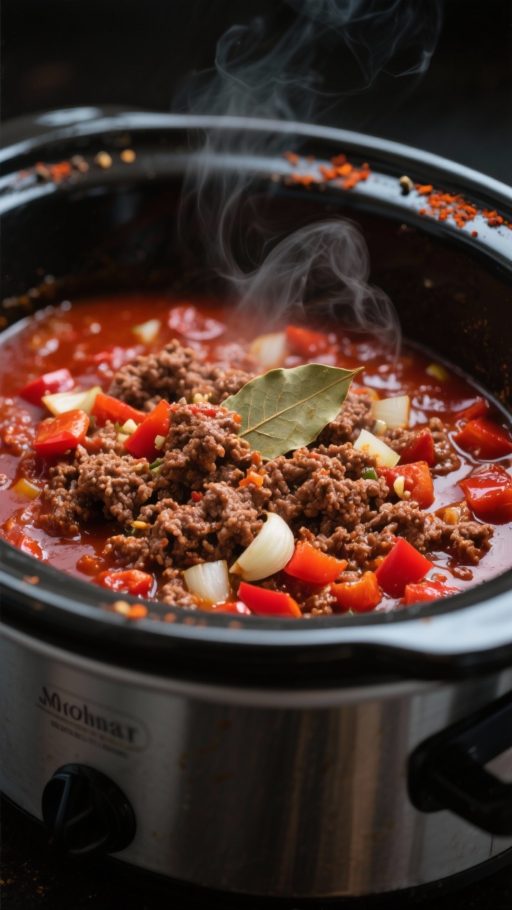 This Ground Beef Crockpot Recipe Turns “What’s for Dinner?” Into “How Is It This Good?” 2 Cooking process — Close-up of richly browned ground beef simmering in a slow cooker with a deep re
