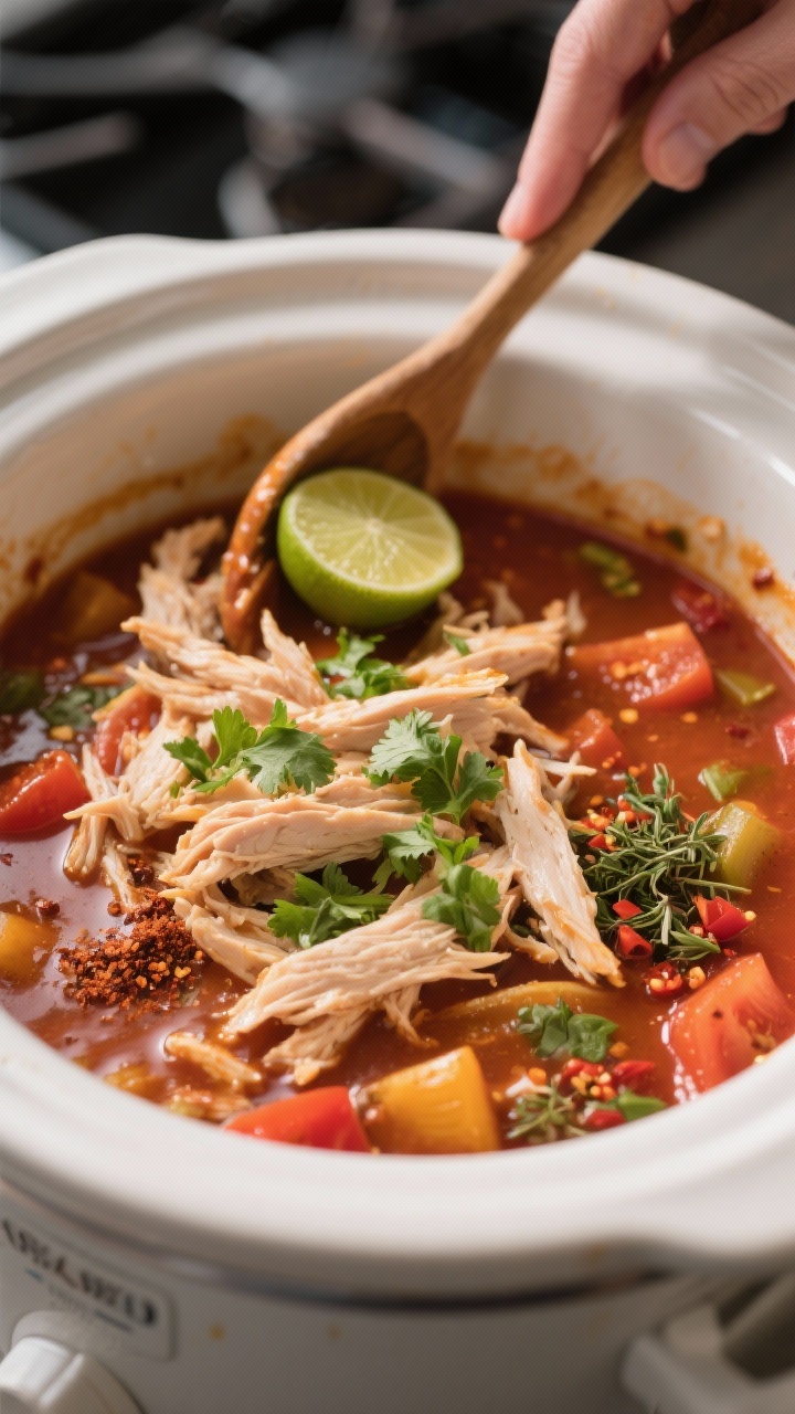 This Healthy Crockpot Recipe Is So Easy It Feels Like Cheating (But Your Taste Buds Won’t Complain) 4 Cooking process: Inside-the-crockpot scene right after shredding and returning the chicken, showing