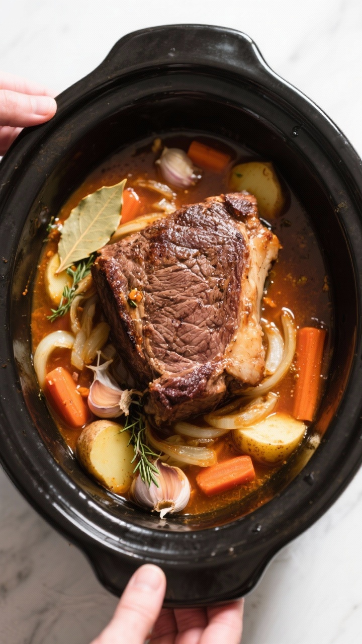 The Only Beef Roast Crockpot Recipe You’ll Ever Need (Set It, Forget It, Devour It) 3 Cooking process: Overhead shot of the seared beef chuck roast nestled on top of a bed of cooked onio