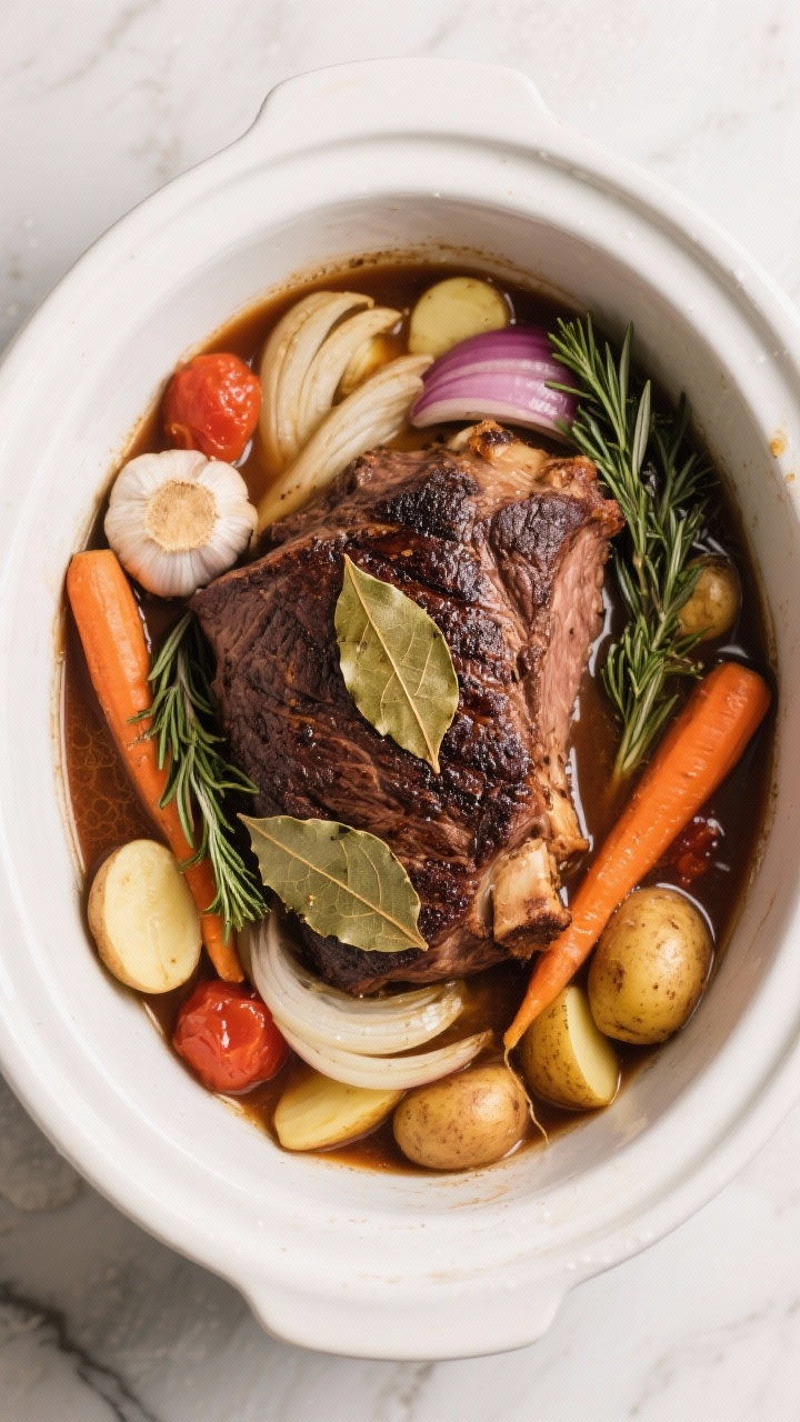 The Set-It-and-Stun-Them Guide to Roast Crockpot Recipes: Zero Stress, Maximum Flavor 3 Cooking process: Overhead shot of the seared roast resting atop onions, garlic, carrots, and halved
