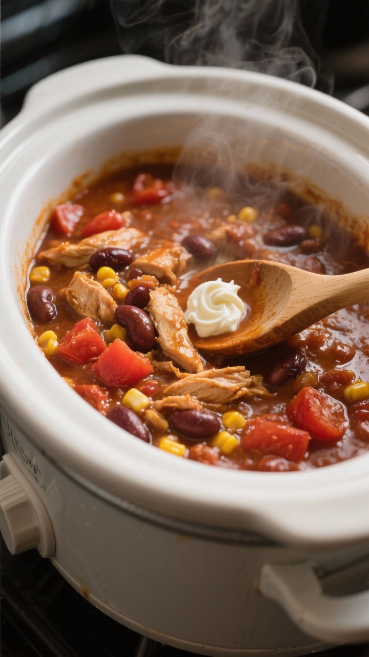 This Chicken Chili Crockpot Recipe Turns Weeknights Into “Set It & Forget It” Legend Status 4 Cooking process shot inside a slow cooker at peak simmer: fully cooked, cohesive chicken chili showi