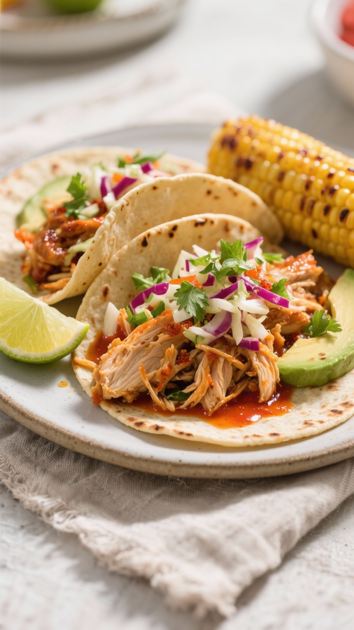This Chicken Breast Crockpot Recipe Turns 10 Minutes of Effort Into All-Day Flavor (You’ll Want Seconds) 3 Final dish, plated tacos: Restaurant-quality chicken tacos filled with shredded crockpot chicken gli