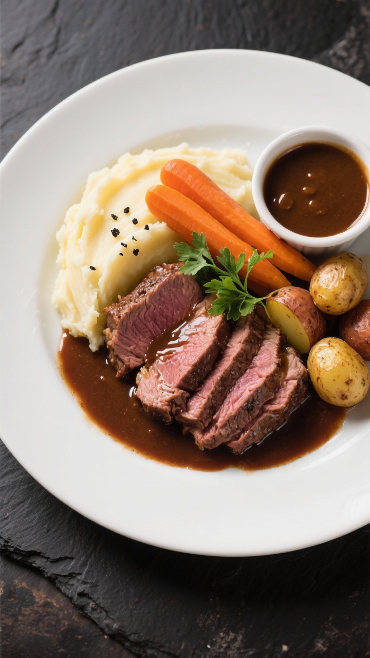 The Set-It-and-Stun-Them Guide to Roast Crockpot Recipes: Zero Stress, Maximum Flavor 4 Final dish presentation: Restaurant-quality plate of sliced pot roast fanned over buttered mashed po
