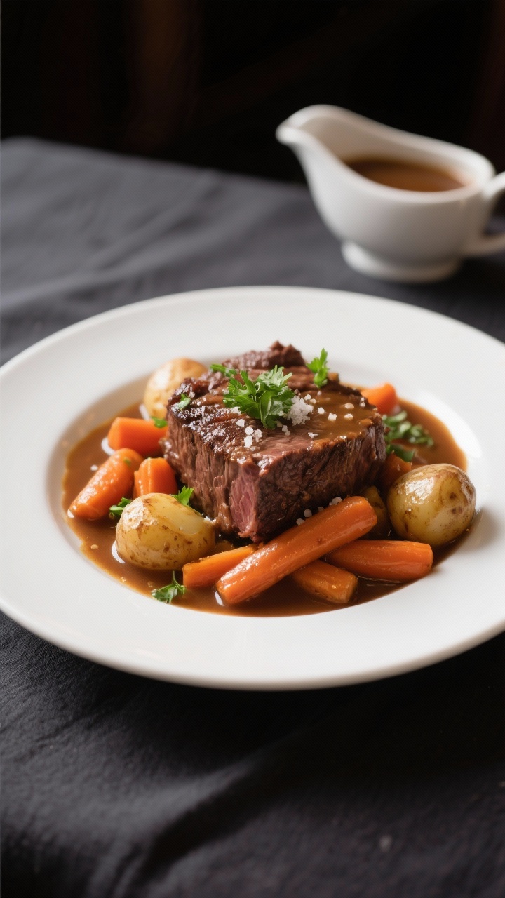 The Only Beef Roast Crockpot Recipe You’ll Ever Need (Set It, Forget It, Devour It) 4 Final dish presentation: Restaurant-quality plate of slow-cooker beef roast served over tender carro