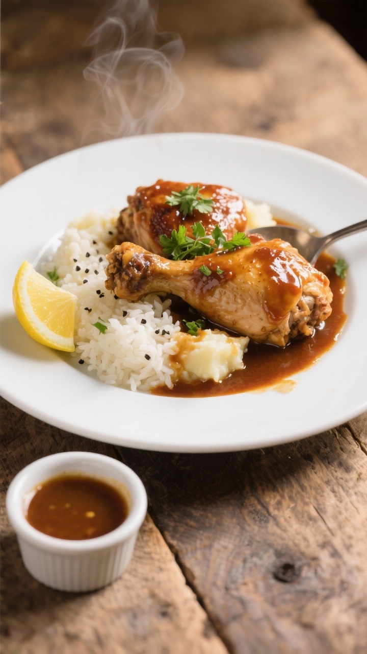 Chicken Thigh Crockpot Recipes You’ll Make on Repeat: Set, Forget, and Crush Dinner Like a Pro 4 Final plated presentation: Restaurant-quality plate of saucy slow cooker chicken thighs spooned over