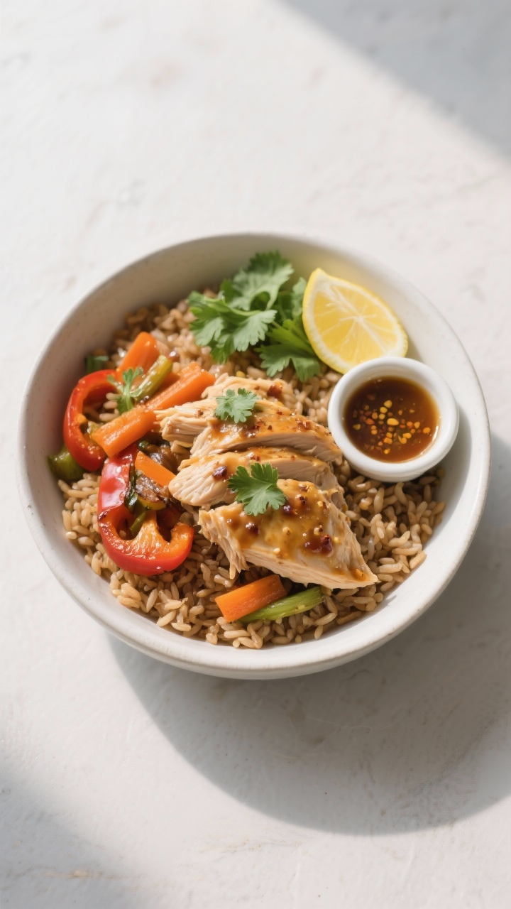 This Chicken Breast Crockpot Recipe Turns 10 Minutes of Effort Into All-Day Flavor (You’ll Want Seconds) 4 Overhead bowl, tasty top view: Overhead shot of a hearty chicken bowl—fluffy brown rice topped wit