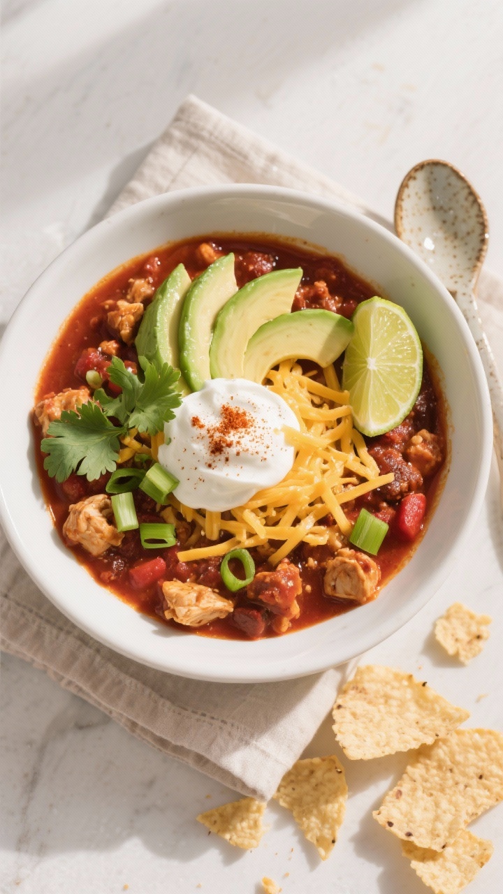 This Chicken Chili Crockpot Recipe Turns Weeknights Into “Set It & Forget It” Legend Status 3 Overhead “tasty top view” of final plated chicken chili in a wide white bowl: rich, chunky chili