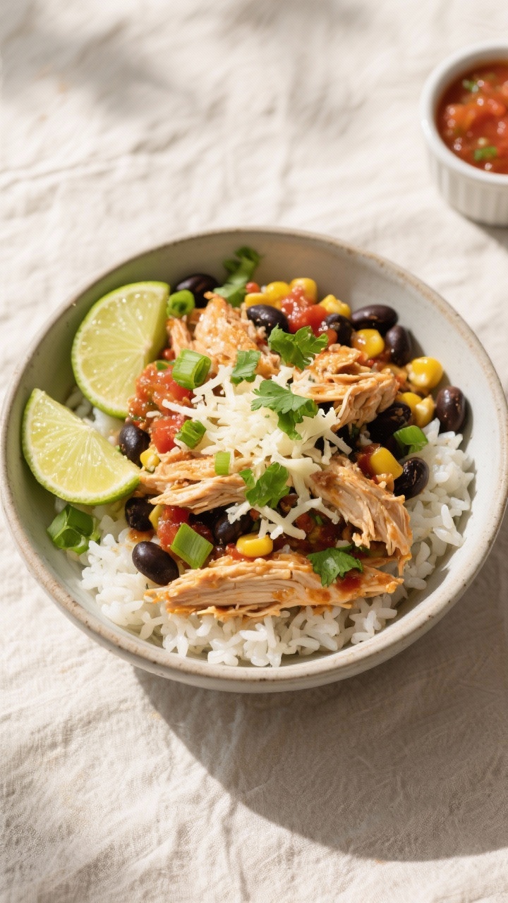 Easy Crockpot Recipes With Few Ingredients: 7-Minute Prep, All-Day Flex, Big-Time Flavor 3 Tasty top view, bowl presentation: Overhead shot of a vibrant salsa chicken burrito bowl—shredded