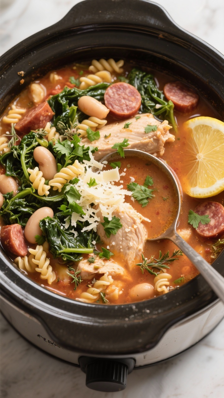 Soup Crockpot Recipes That Practically Cook Themselves: Set It, Forget It, Devour It 3 Tasty top view, final dish in pot: Overhead shot of finished Tuscan-style crockpot soup still in the