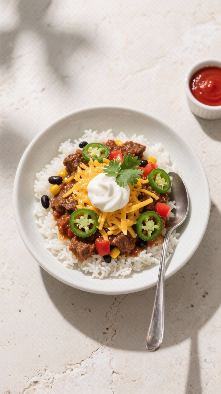 This Ground Beef Crockpot Recipe Turns “What’s for Dinner?” Into “How Is It This Good?” 4 Tasty top view — Overhead bowl of the finished beef served over fluffy white rice, crowned with sh