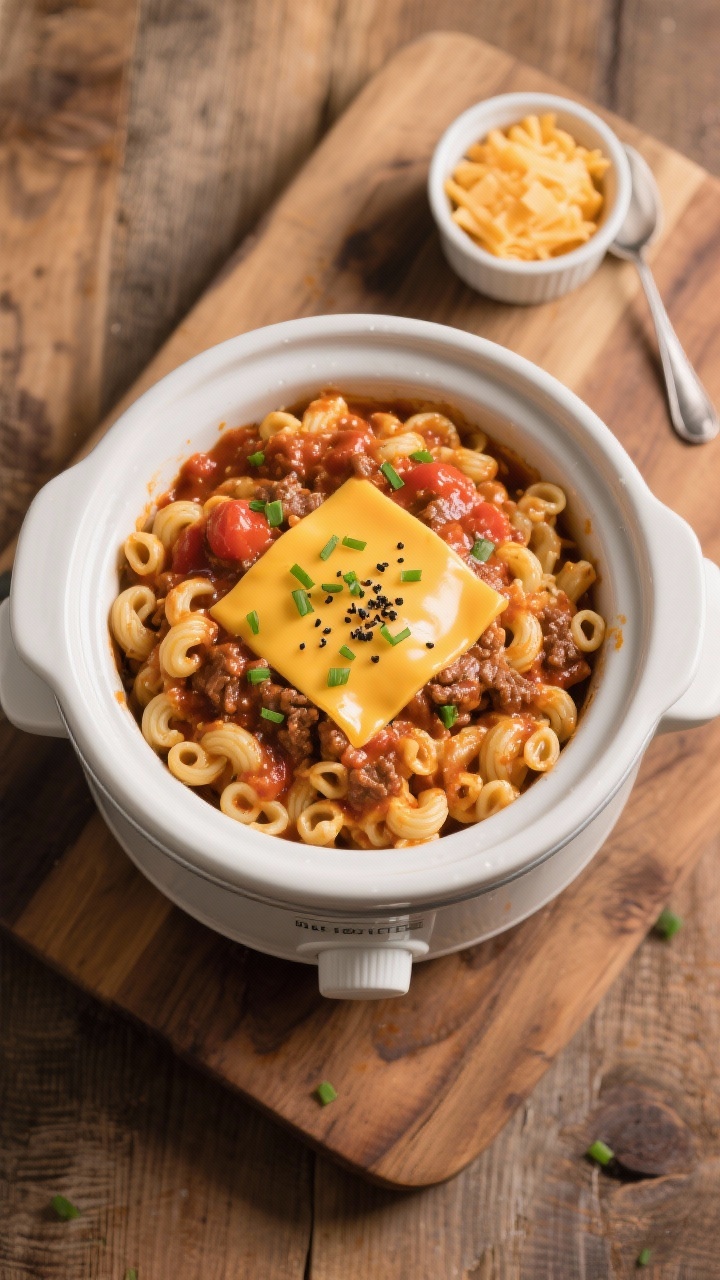 Hamburger Crockpot Recipes That Practically Cook Themselves (and Taste Like a Weeknight Win) 3 Tasty top view: Overhead shot of Cheeseburger Mac version in the slow cooker, elbow macaroni cooked