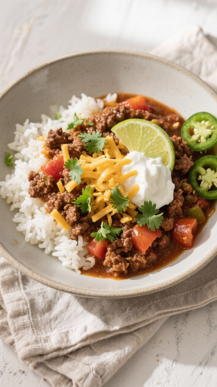 The Only Ground Beef Crockpot Recipe You’ll Ever Need (Set It, Forget It, Devour It) 3 Tasty top view: Overhead shot of the final ground beef slow-cooker stew ladled over fluffy white ric