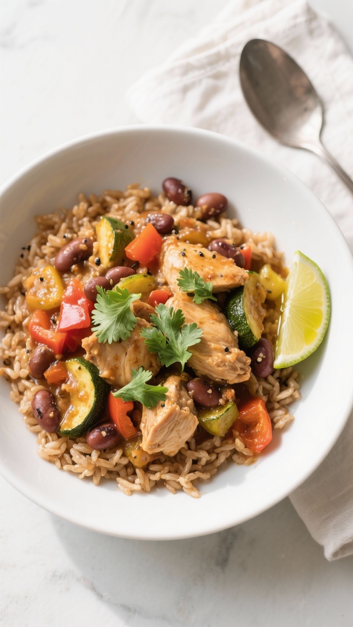 This Healthy Crockpot Recipe Is So Easy It Feels Like Cheating (But Your Taste Buds Won’t Complain) 3 Tasty top view: Overhead shot of the finished slow-cooker chicken, veggies, and beans served over fl