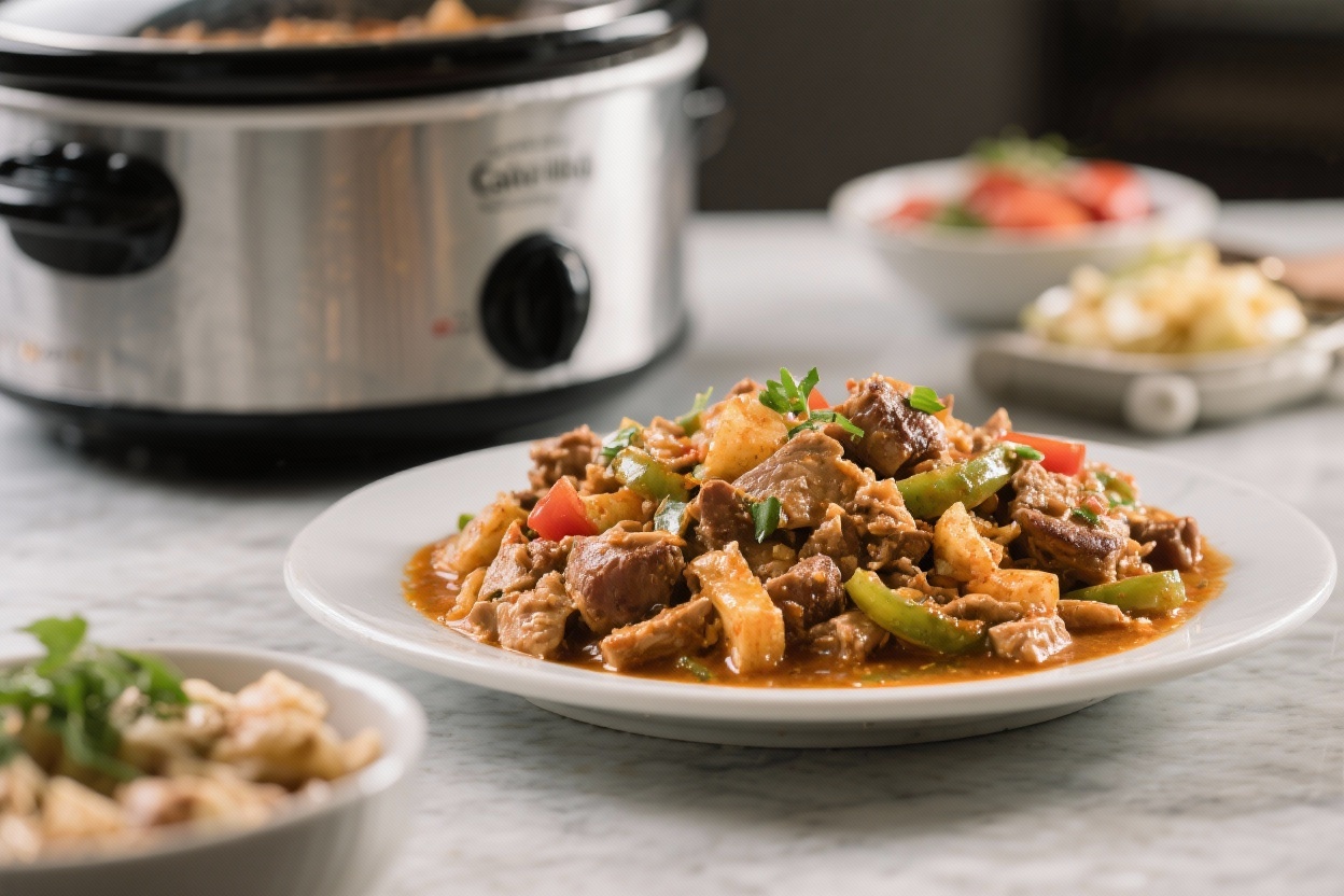 Low Carb High Protein Crockpot Recipes That Practically Meal Prep Themselves (And Taste Like a Cheat Day) 5 Low carb high protein crockpot recipes healthy chicken and vegetable meal in a slow cooker with side dishes.