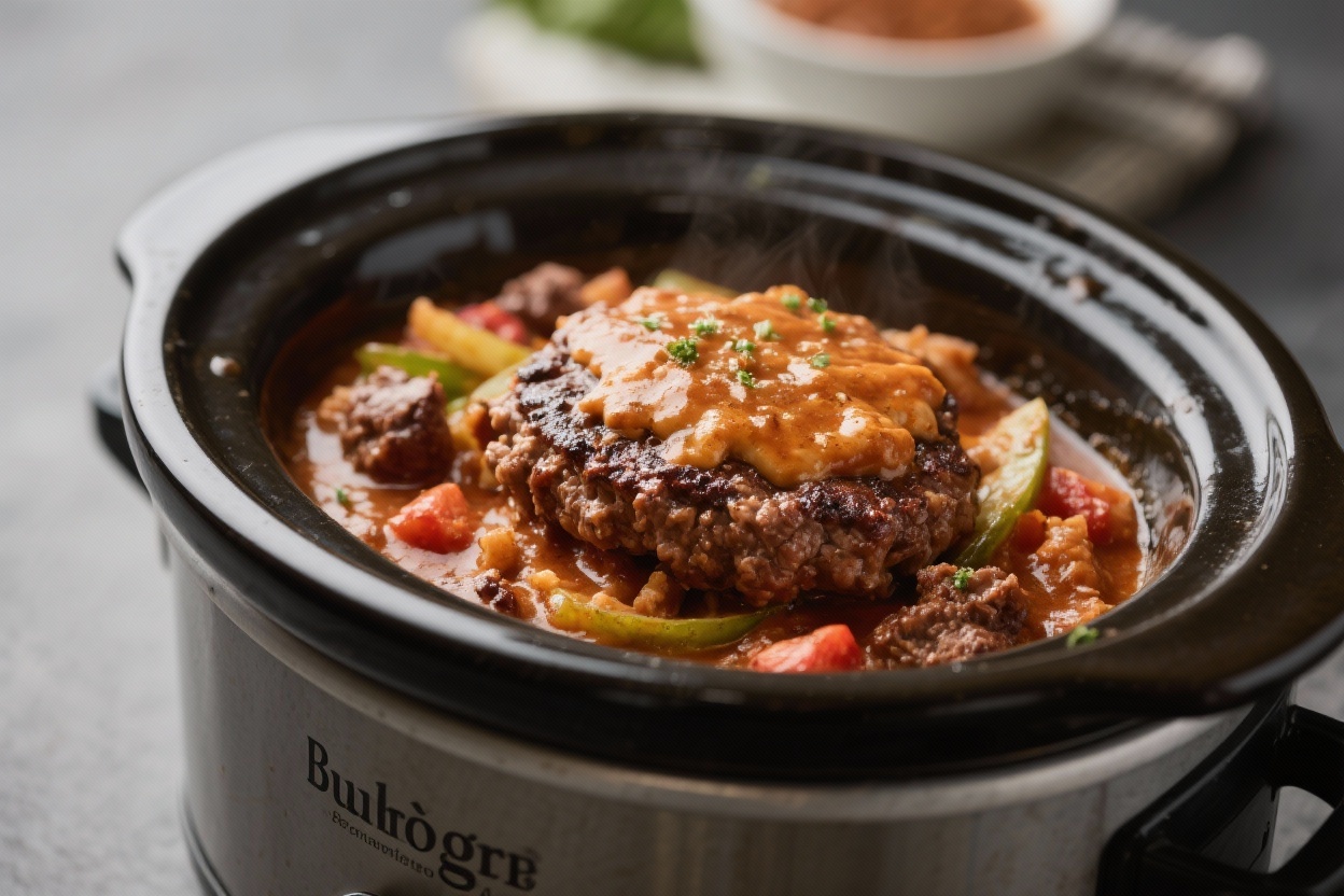 Hamburger Crockpot Recipes That Practically Cook Themselves (and Taste Like a Weeknight Win) 5 Crockpot hamburger stew simmering with ground beef, potatoes, and melted cheddar in a black slow cooker