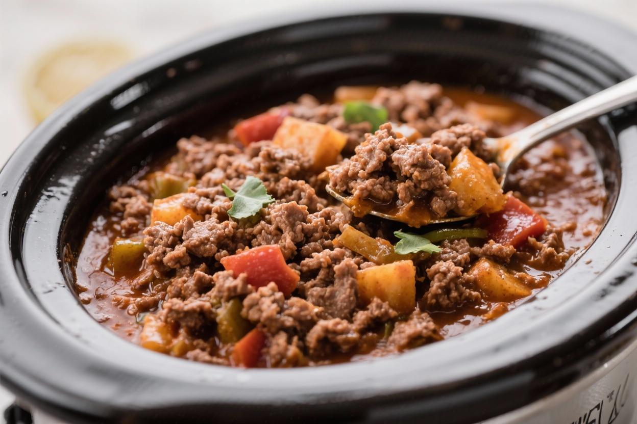This Ground Beef Crockpot Recipe Turns “What’s for Dinner?” Into “How Is It This Good?” 5 A comforting bowl of slow-cooked ground beef chili topped with melted cheese, fresh herbs, and a sprinkle of spices — hearty, flavorful, and perfect for an easy weeknight dinner.
