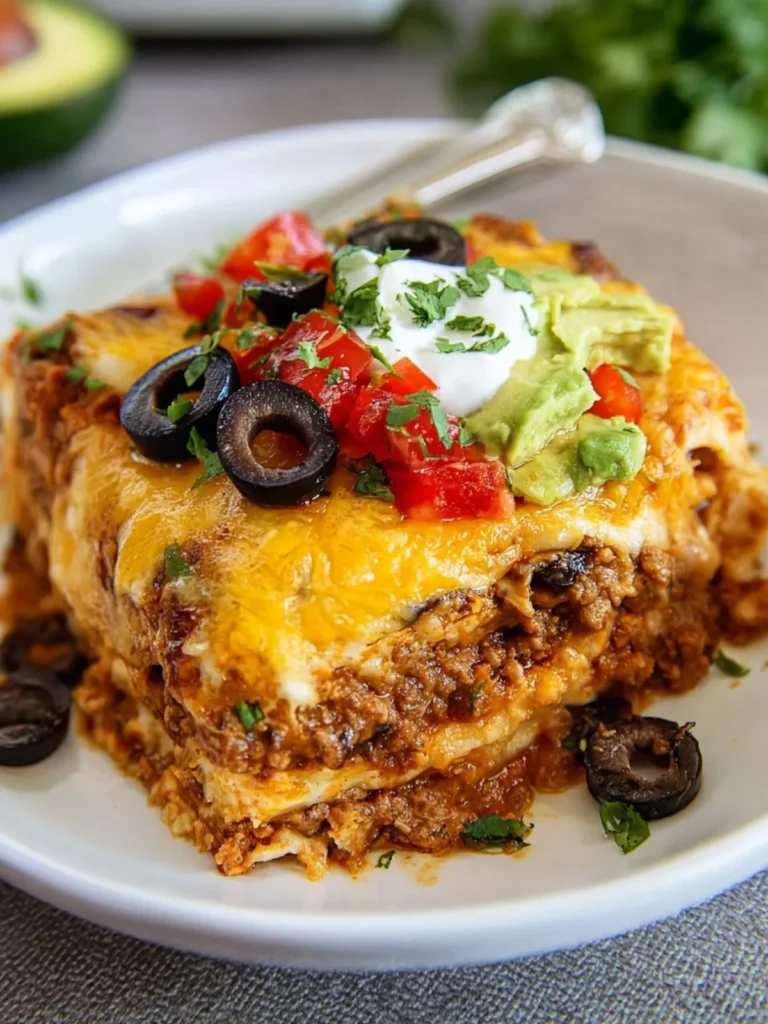 Delicious 30-Minute Mexican lasagna layered with flavors and ingredients.