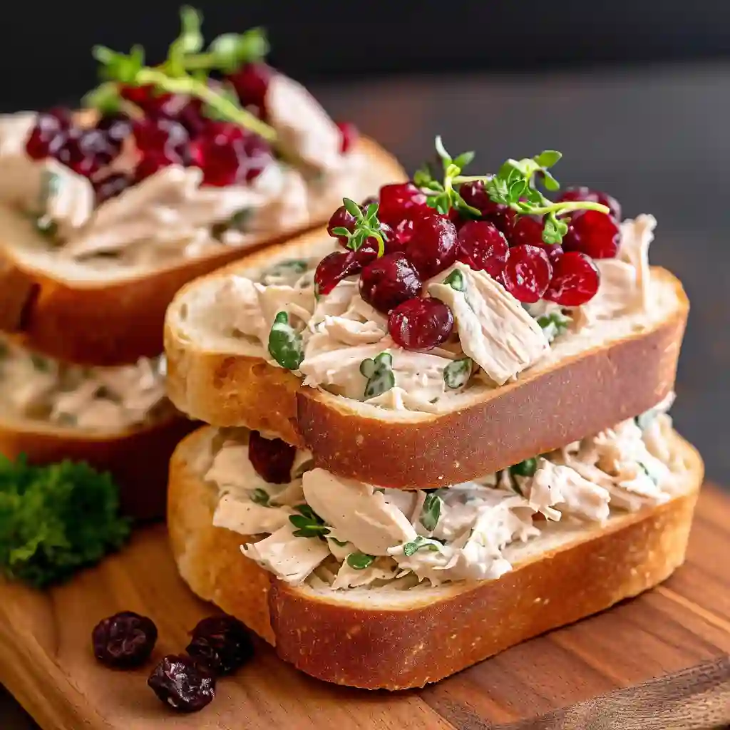 Creamy Turkey Cranberry Salad Sandwiches: Your Go-To Thanksgiving Lunch Idea 2 Stacked creamy turkey cranberry salad sandwiches with lettuce, fresh cranberries, and herbs on a wooden board.