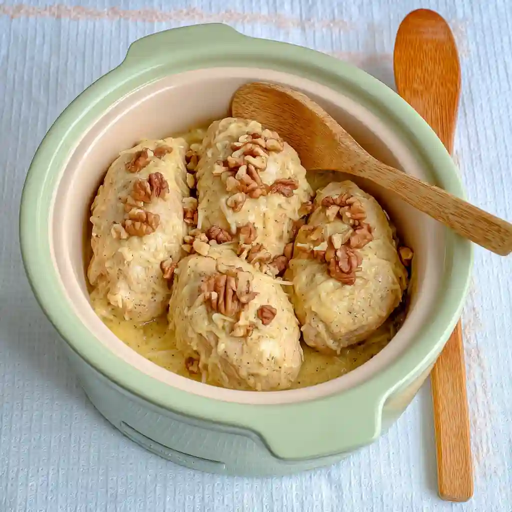 Crockpot Creamy Garlic Parmesan Chicken 2 "Bowl of creamy garlic parmesan chicken served with sauce and herbs."