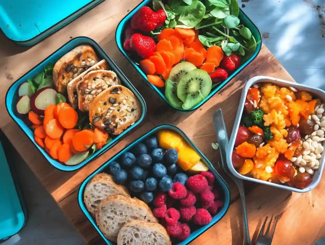 Kids Lunch Ideas for Home That They’ll Actually Eat (And You’ll Actually Want to Make) 5 Colorful kids’ lunchboxes filled with balanced meals, including fruit, vegetables, sandwiches, snacks, and small treats arranged neatly in compartments.