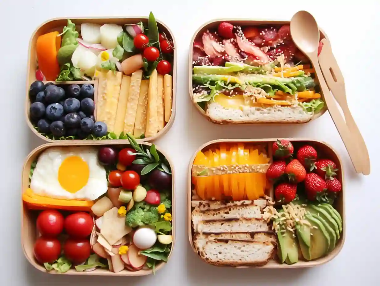 The Best Kids Lunch Ideas: Easy, Healthy, and Fun Meals 2 Four colorful kids’ lunchboxes filled with a variety of balanced foods, including sandwiches, fruit, veggies, snacks, and small treats arranged in neat compartments.