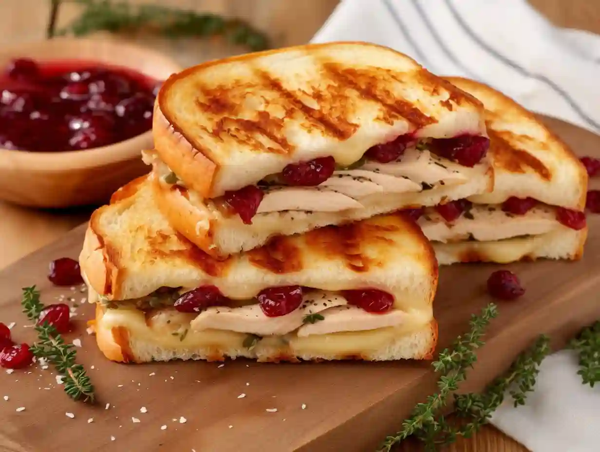 The Ultimate Turkey Cranberry Melt: A Perfect Thanksgiving Lunch Idea 2 Grilled turkey cranberry melt sandwich cut in half, with melted cheese, sliced turkey, and cranberry sauce on toasted bread, served on a wooden board.