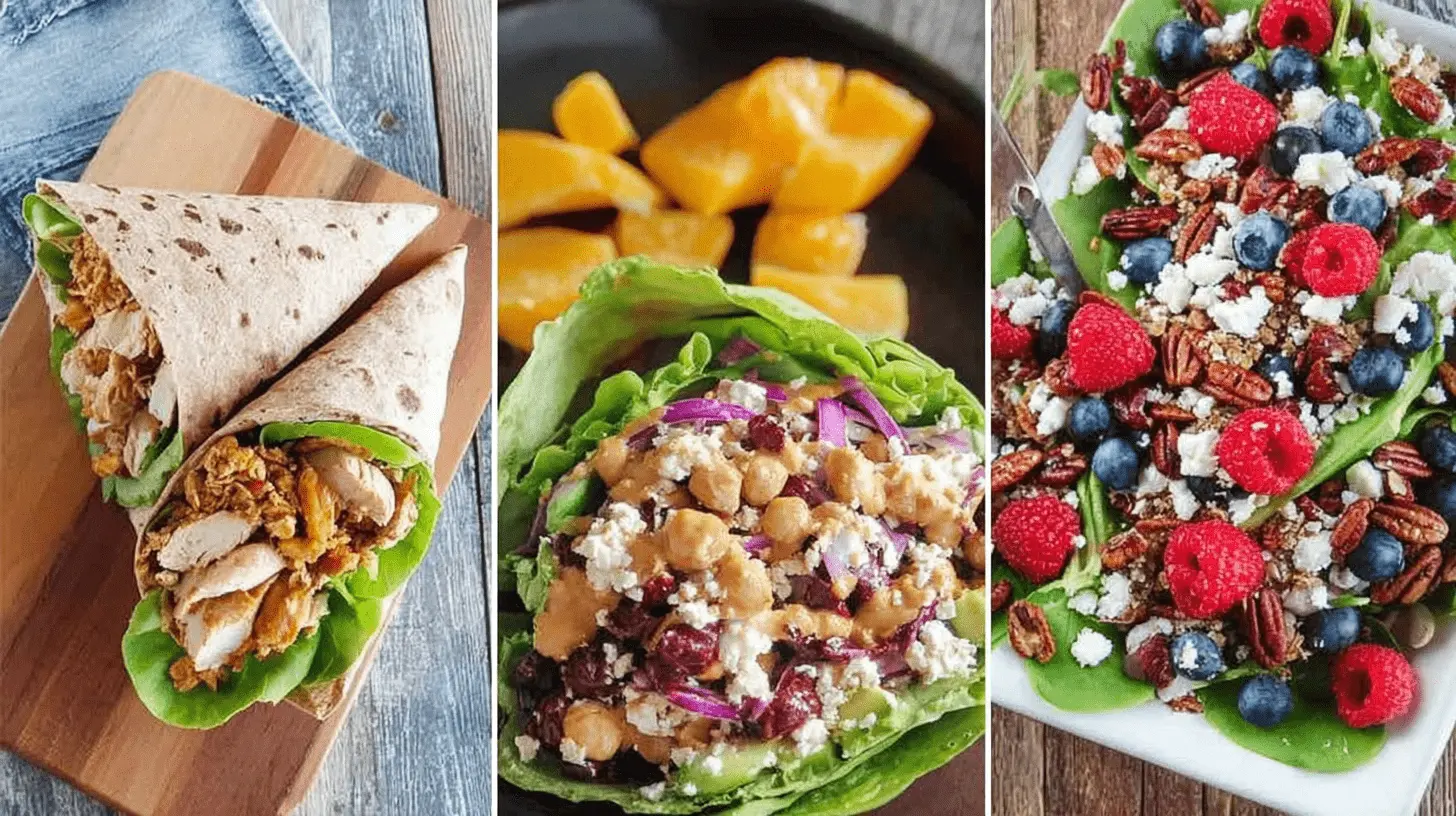 Easy Cold Lunch Ideas for Work and School 2 A triptych of healthy cold lunch ideas featuring chicken wraps, a chickpea lettuce bowl, and a berry spinach salad.