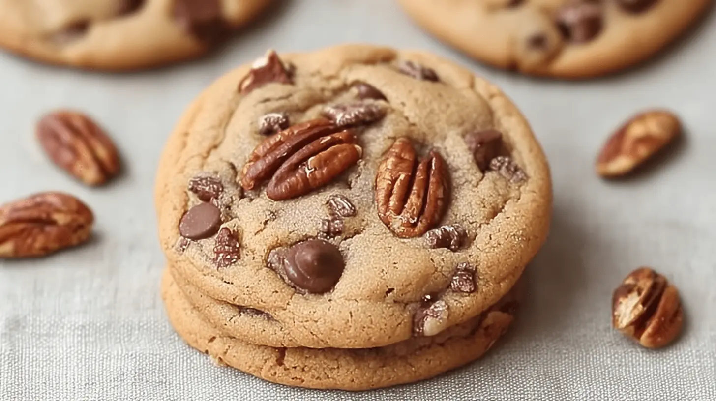Close-up of golden-brown Irresistible Butter Pecan Cookies – A Cozy Delight, generously topped with pecans and melted chocolate chips on a light fabric.