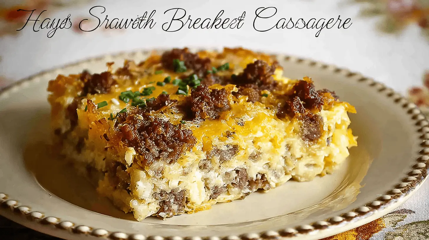 Best Make-Ahead Sausage Hashbrown Breakfast Casserole 2 Close-up slice of an appetizing Sausage Hashbrown Breakfast Casserole with melted cheese, crispy sausage, and fresh chives on a decorative plate.