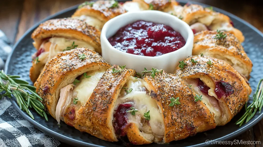 A beautifully baked savory turkey and cranberry crescent ring, garnished with fresh herbs and served with cranberry dipping sauce on a dark plate.