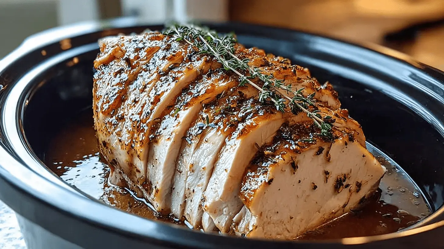 Slow Cooker Amish Maple Turkey Breast: Effortless Holiday Perfection 2 Sliced Slow Cooker Amish Maple Turkey Breast garnished with fresh thyme in a black serving dish.