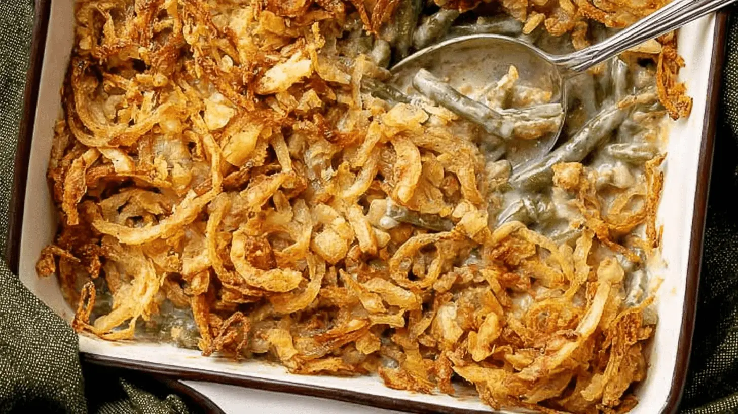 Easy Green Bean Casserole: Grandma's Classic Recipe 2 Close-up of a delicious, ready-to-serve Easy Green Bean Casserole topped with golden crispy fried onions in a baking dish.