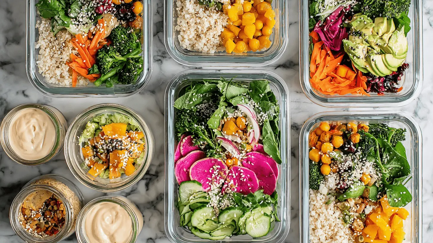 Easy Healthy Lunch Ideas: Customizable Buddha Bowls 2 Colorful meal-prepped containers showcasing various easy healthy lunch ideas with quinoa salads, roasted vegetables, and fresh greens.