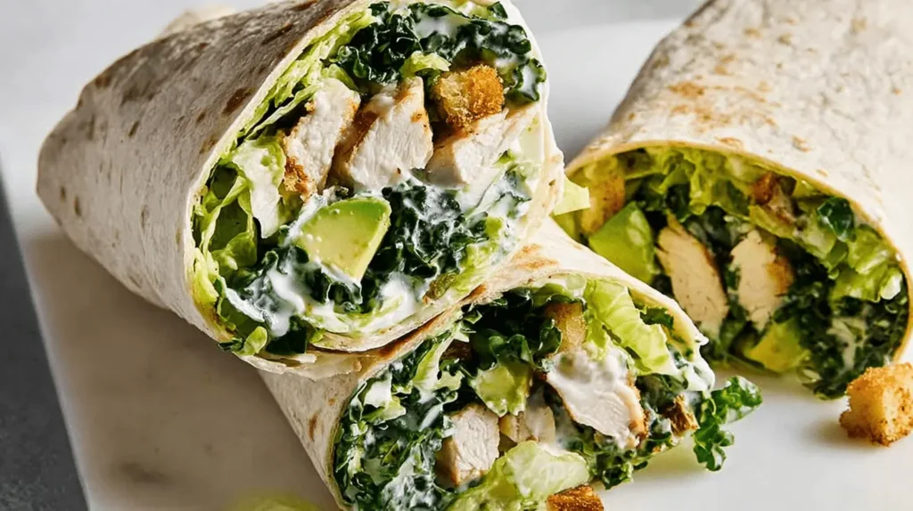 Appetizing chicken Caesar salad wraps, a perfect example of easy lunch ideas, displayed on a clean surface.