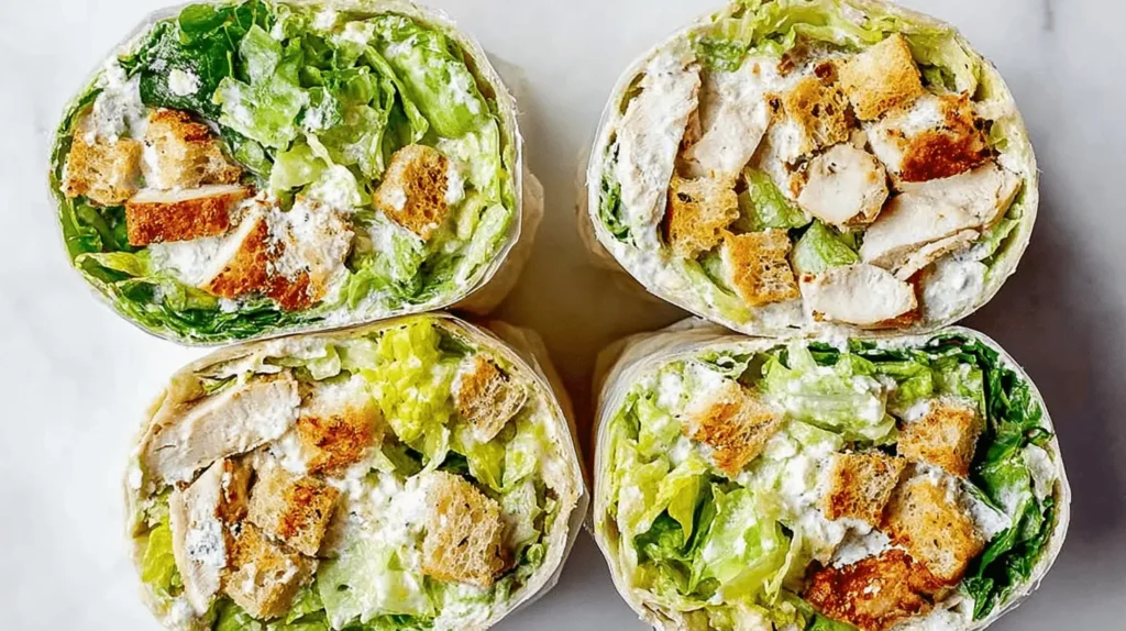 Four freshly prepared chicken Caesar salad wraps, showcasing vibrant ingredients, ideal as easy lunch ideas for work.