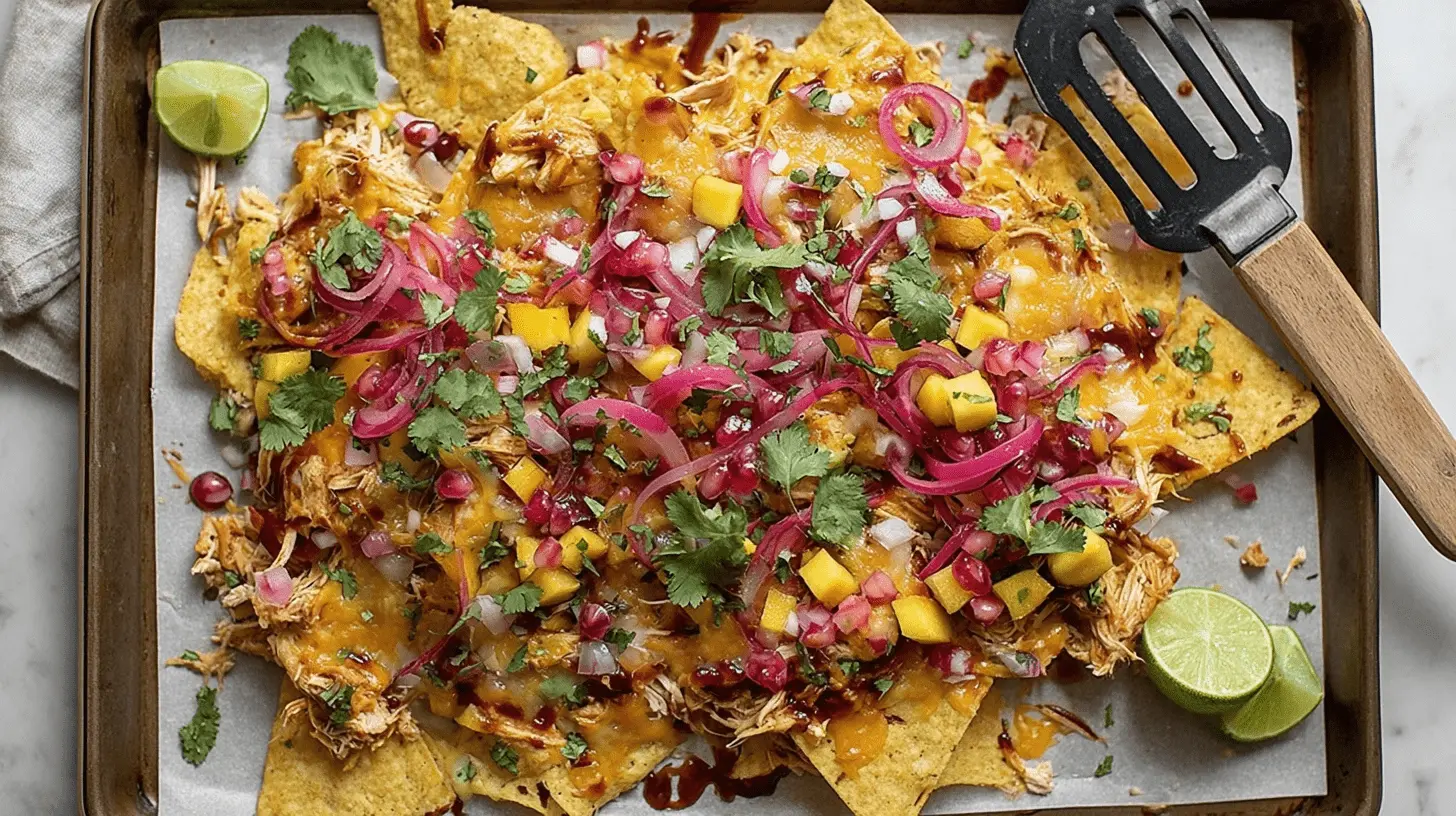 The Ultimate Guide to Game Day Lunch Ideas 2 Overhead view of vibrant loaded chicken nachos with mango, pomegranate, red onion, and cilantro, a perfect option for game day lunch ideas.