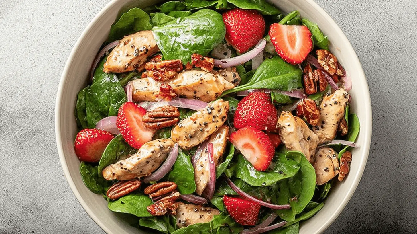 Delicious & Easy Gluten-Free Lunch Ideas 2 A vibrant overhead view of a strawberry and chicken spinach salad, perfect for gluten free lunch ideas.