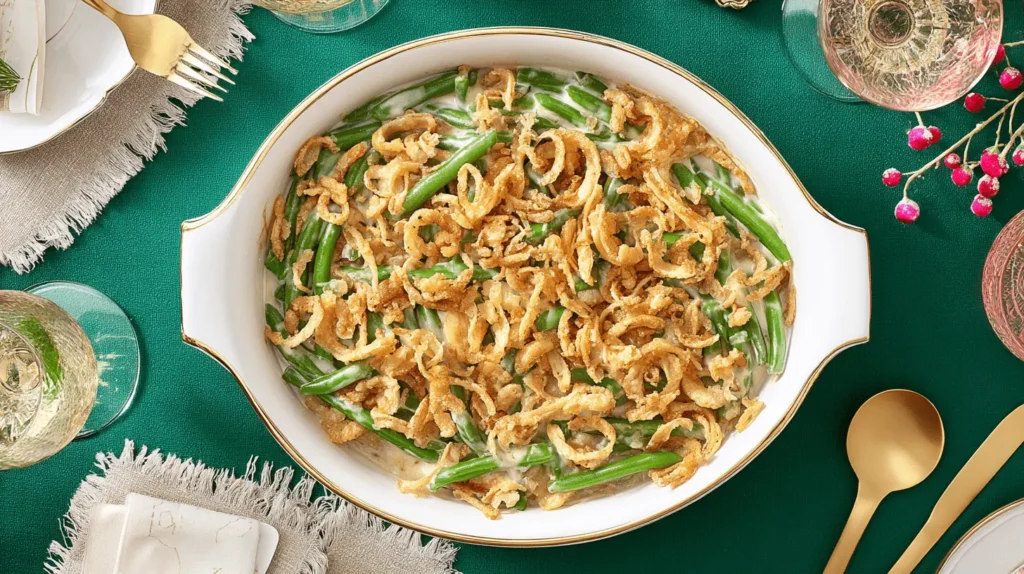 Overhead view of a festive holiday table featuring a classic Green Bean Casserole with crispy fried onions, surrounded by elegant place settings.