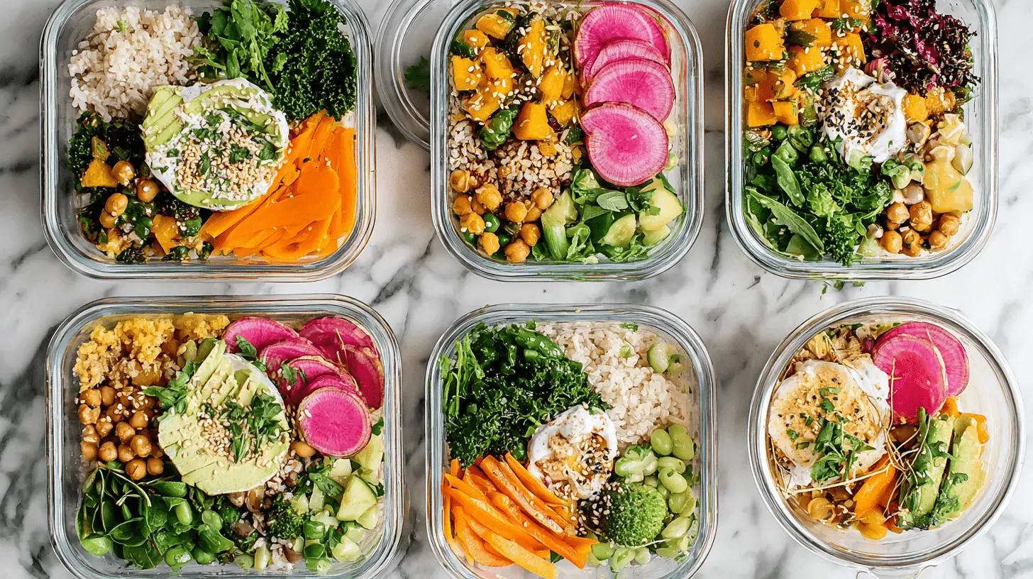 The Ultimate Customizable Healthy Lunch Power Bowl 2 Six vibrant glass meal prep bowls showcasing diverse and healthy lunch ideas, featuring fresh vegetables, grains, and protein on a light countertop.