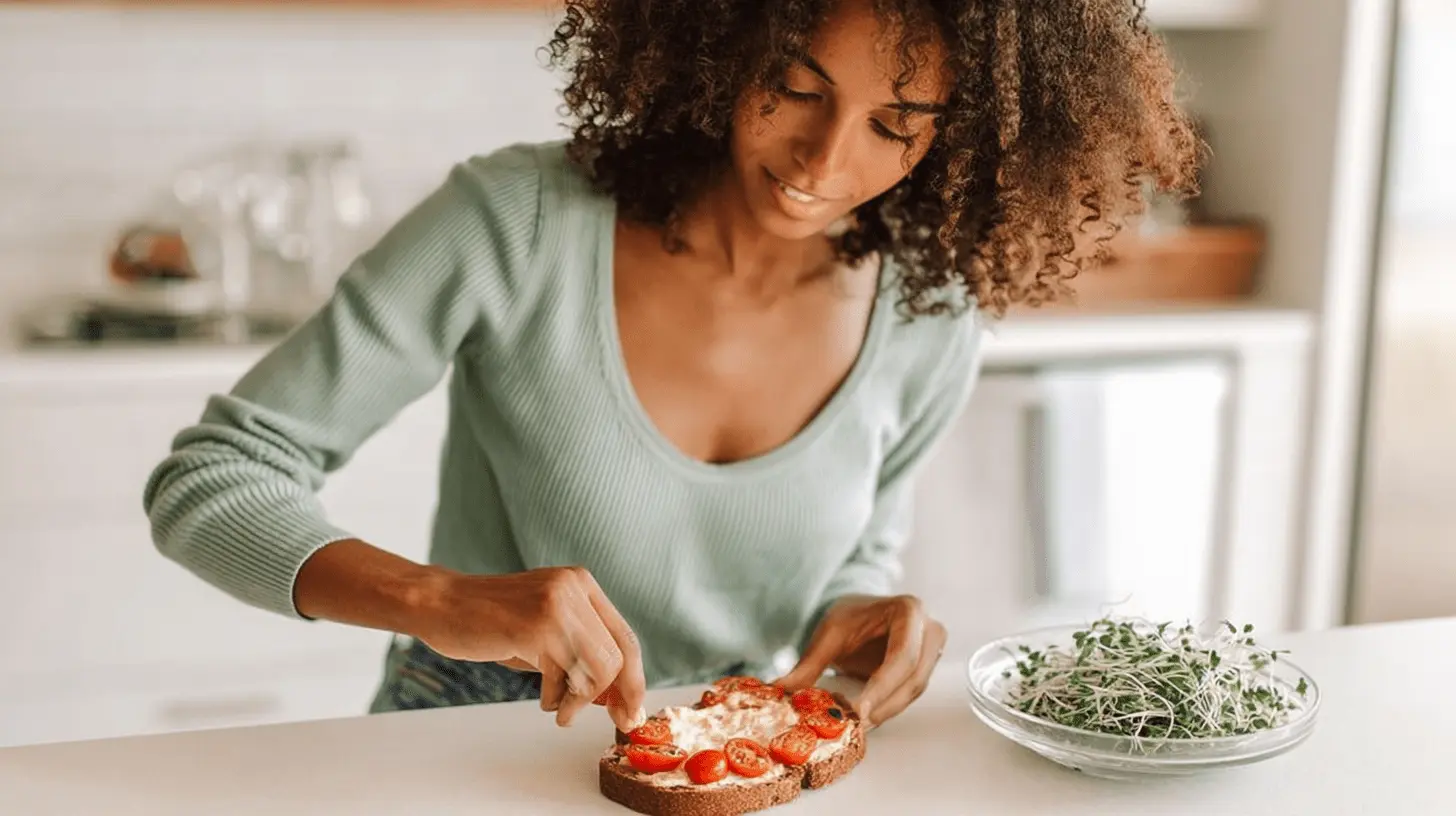 Healthy Lunch Ideas for Work: Your Ultimate Guide to Energizing Midday Meals 2 Young Black woman preparing a nutritious toast with tomatoes and sprouts, showcasing healthy lunch ideas for work.
