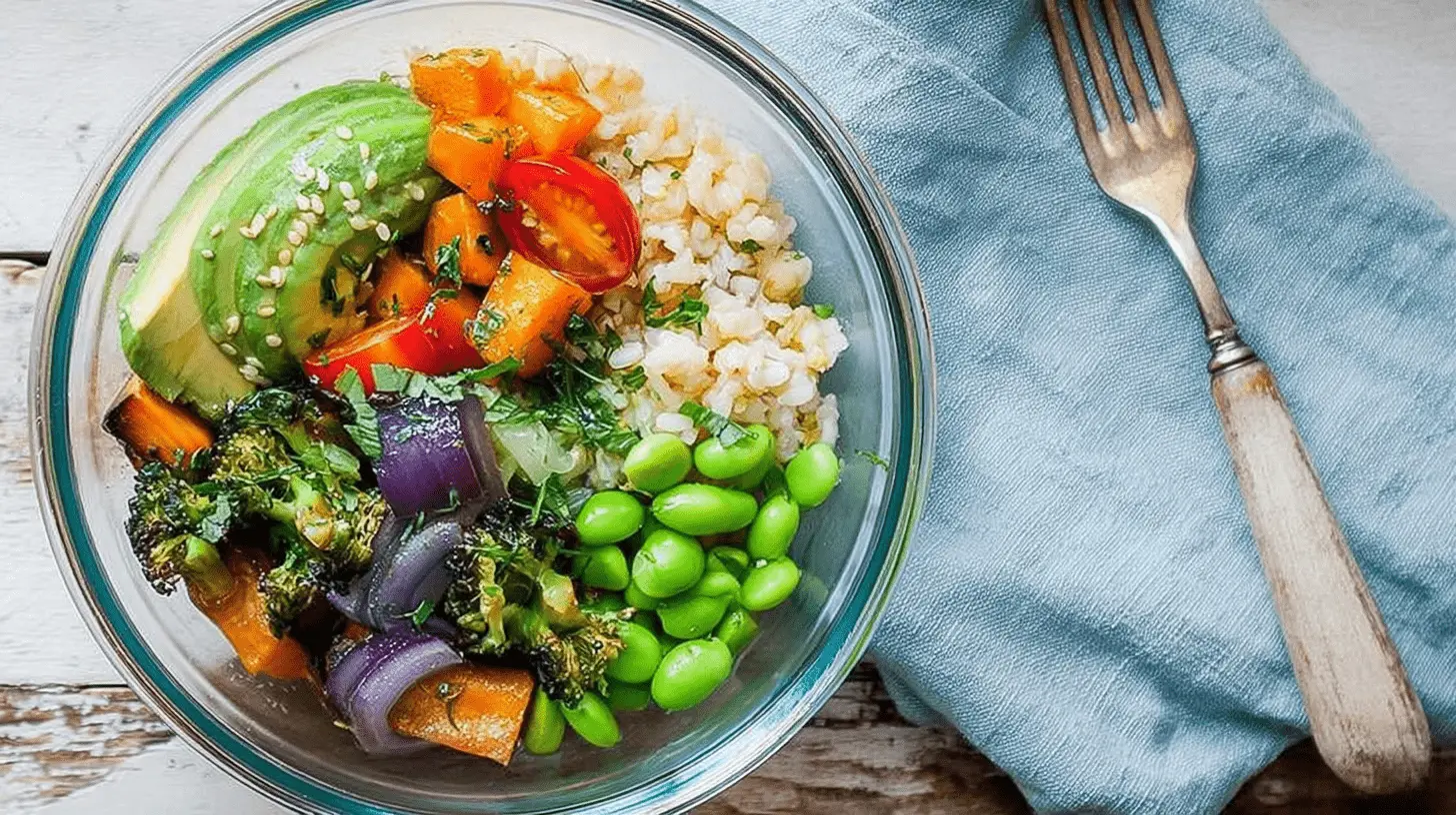Heart Healthy Lunch Ideas: Nourishing Mediterranean Quinoa Bowl 2 A vibrant grain bowl with avocado, sweet potato, cherry tomatoes, broccoli, red onion, and edamame, perfect for heart healthy lunch ideas.