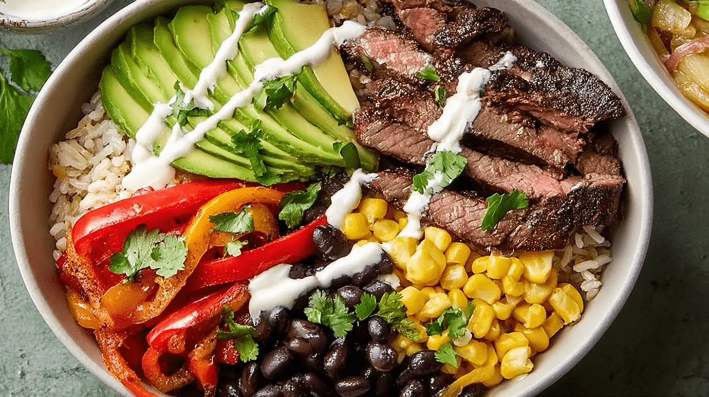 Quick & Easy High Protein Lunch Ideas: The Ultimate Power Bowl 2 A vibrant deconstructed burrito bowl with steak, avocado, black beans, and rice, offering excellent high protein lunch ideas.