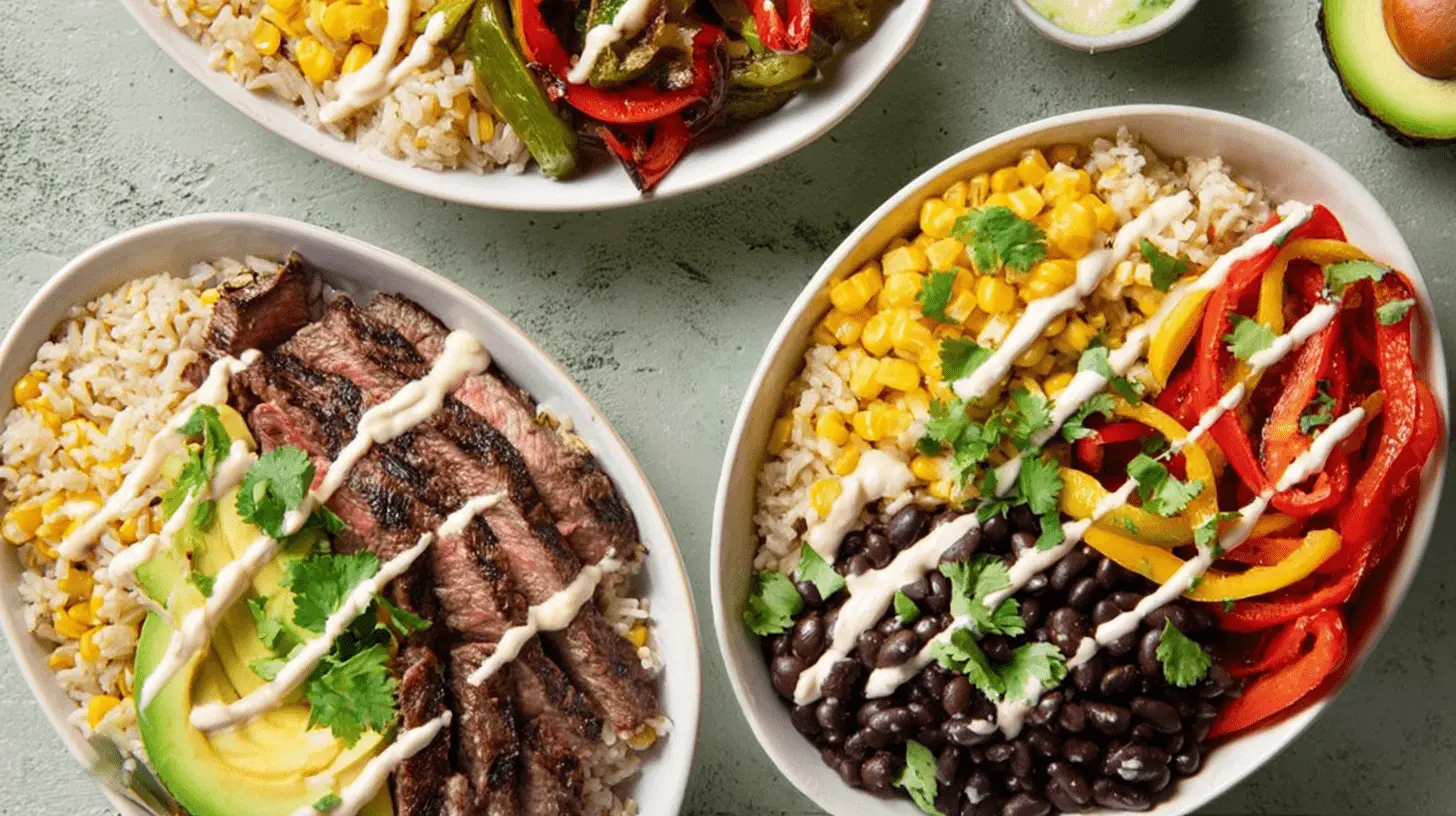 Delicious High-Protein Chicken & Quinoa Lunch Bowl 2 Overhead view of three vibrant, customizable grain bowls featuring grilled steak, black beans, and vegetables, perfect as high protein lunch ideas.