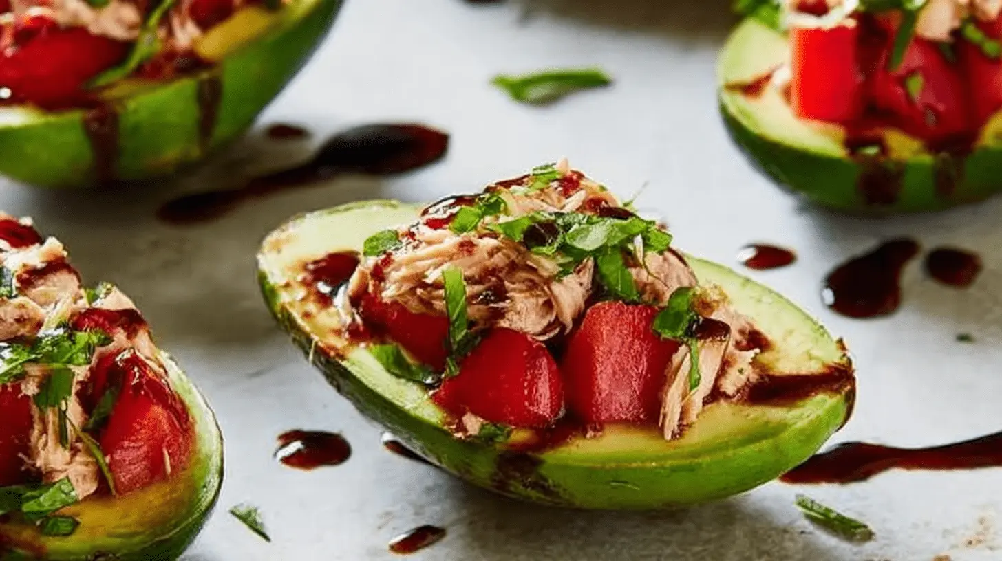 Easy & Delicious Keto Lunch Ideas for Every Day 2 Delicious stuffed avocado halves, a perfect example of healthy keto lunch ideas featuring flaky protein, diced vegetables, and a balsamic drizzle.