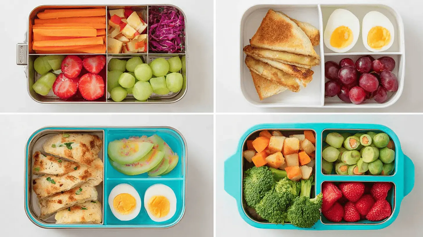 Easy & Healthy Kids Lunch Ideas for School 2 Four colorful bento boxes filled with healthy foods like fruits, vegetables, and proteins, offering diverse kids lunch ideas for school.
